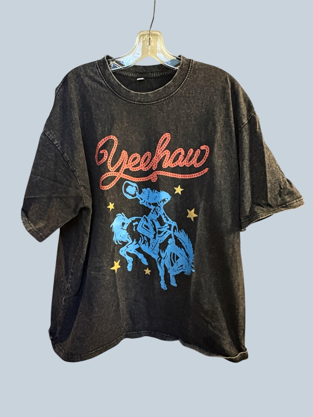 Yeehaw Cowboy Rodeo Graphic T-Shirt Black Acid Wash Western Size L